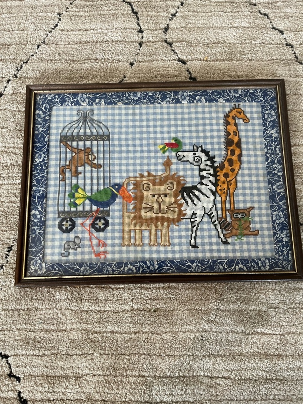 Vtg. 1983 Circus Animals Wood Framed Cross Stitch Art.